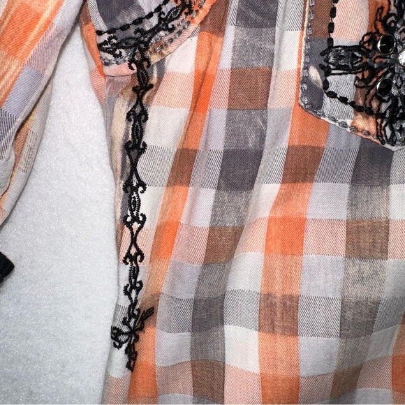FINAL SALE Roar Orange Plaid Embroidered Button Front 3/4 Sleeve Top XL - Picture 4 of 13